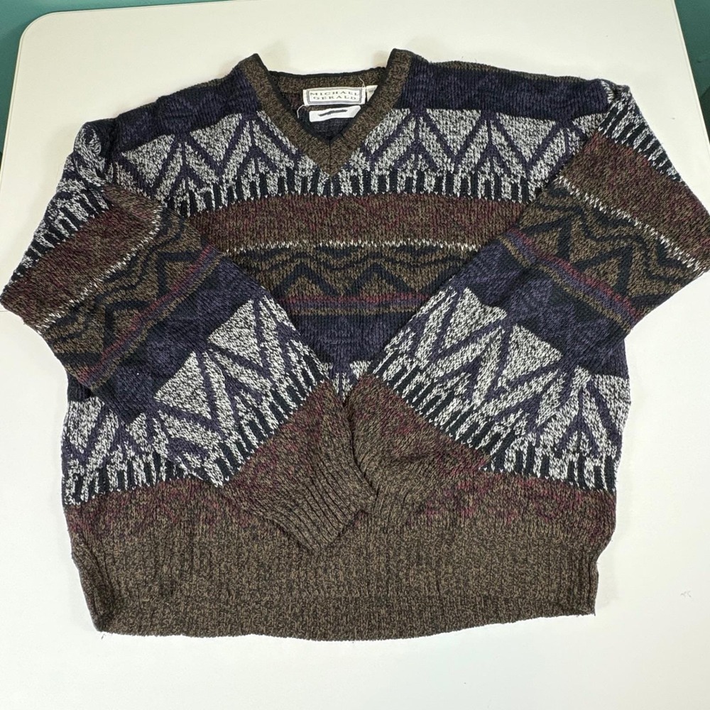 Vintage 90s Geometric‎ Grandpa Sweater Mens Large Made In Korea